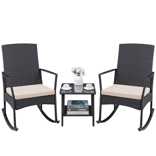 3 Pieces Patio Furniture Set Outdoor Wicker Rocking Chairs with Glass Coffee Table for Garden Backyard Porch Poolside, Beige
