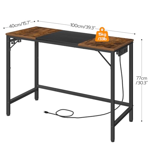 Computer Desk, Home Office Desk with Power Outlet, Modern Study Writing Desk with 3 Hooks for Study Room, Home Office, Sturdy and Stable, Easy to Assemble, Rustic Brown and Black BF41UDN01