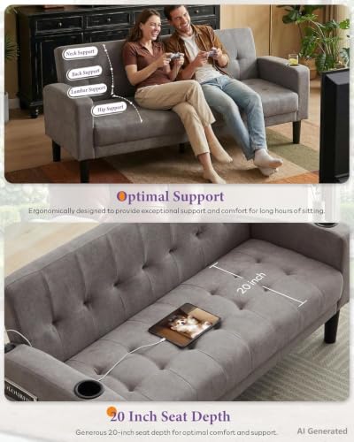 Sofa Couch, Living Room Furniture Sectional Sofa Sets 3 Pcs, Tufted Mid-Century Loveseat w/USB, Cupholders & Comfy Single Sofa for Small Space, Apartment, Office (Light Grey)