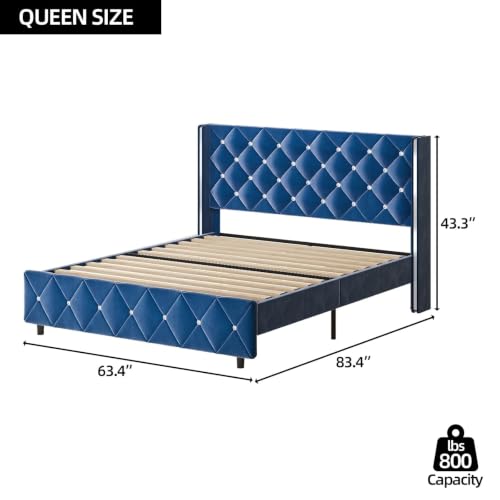 Queen Bed Frame with Velvet Headboard, Silverside Wingback, Blue, view 3