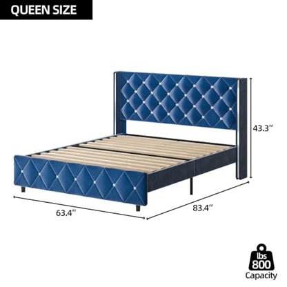 Queen Bed Frame with Velvet Headboard, Silverside Wingback, Blue, view 3