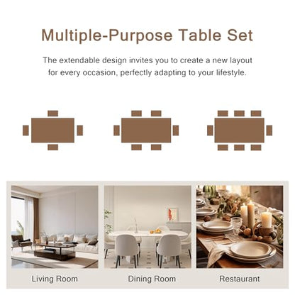 7-Piece Dining Table Set, 63" Extendable Kitchen Room Table with 6 Stools, Mid Century Modern Dinner Table with Metal Frame & MDF Board, Space-Saving, Easy Assembly, Walnut