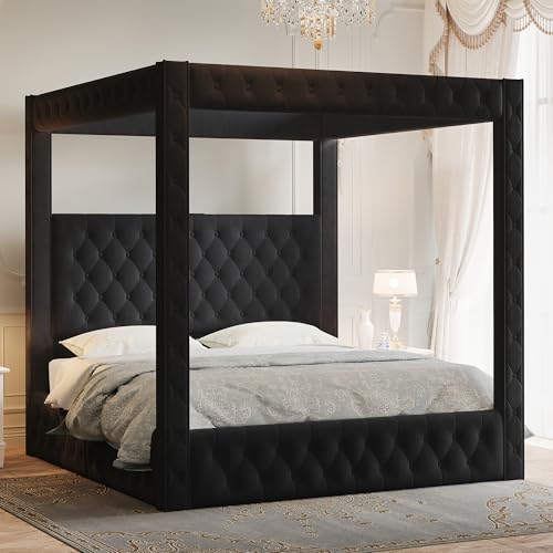 Queen Velvet Bed with Black Headboard, view 2