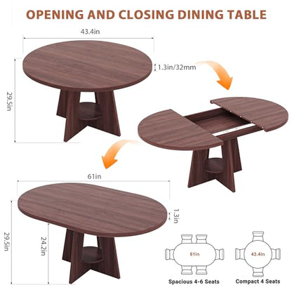 Extendable Dining Table, Round Kitchen Dining Room Dinner Table with for 4 6 8 People, Space Saving Modern Oval Expandale Furniture with Storage and Pedestal for Kitchen Living Room (Brown)