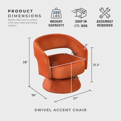 360 Degree Swivel Accent Chair, Modern Comfy Velvet Round Barrel Chair, Open Back, Plush Foam Cushions, Metal Swivel Base for Living Room/Bedroom/Office/Small Spaces, Orange