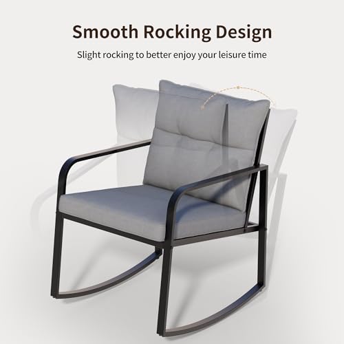 3 Piece Rocking Bistro Set, Black Steel Patio Furniture, Porch Chairs Conversation Set with Glass Coffee Table, Back Cushion, for Balcony, Garden, Deck, Backyard, Grey