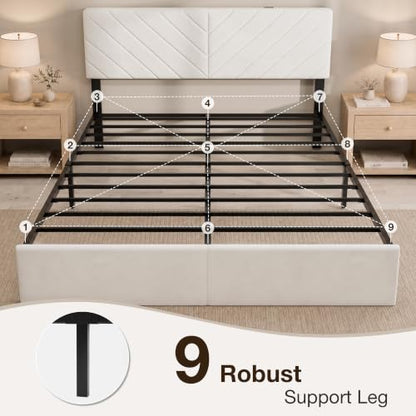 Queen Bed Frame with Adjustable Headboard, White Velvet Upholstered, view 7