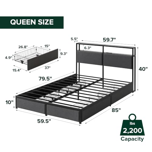 Zinus Michael Upholstered Platform Bed Frame, Four Underbed Drawers, Queen, view 3