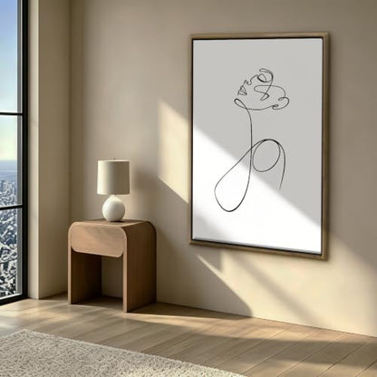Single Rose Continuous Line Drawing Wall Art Canvas Print, minimal floral line art artwork in black line on white for bedroom, bedroom, office, apartment, modern farmhouse(24x36Inch,Black Framed