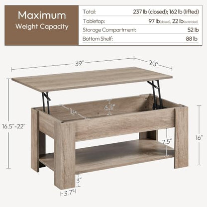 Yaheetech Lift Top Coffee Table with Hidden Compartment and Storage Shelf, Rising Tabletop Dining Table for Living Room Reception Room, 38.6in L, Grey