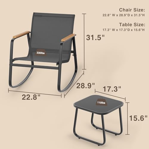 3 Pieces Patio Furniture Set Textilene Fabric Outdoor Patio Rocking Bistro Set with Wooden Armrests and Coffee Table for Lawn, Porch, Balcony, Poolside, Black