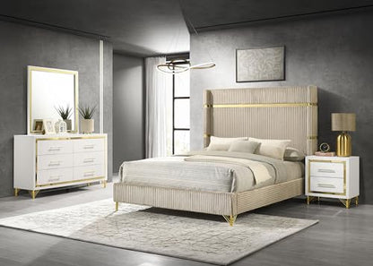 Coaster Home Furnishings Lucia Modern Classic 4-Piece Bedroom Set Velvet Upholstered Eastern King Size Wingback Bed Frame 61-inch Headboard Beige and White 224731KE-S4