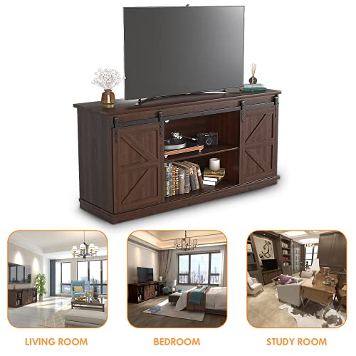 TV Stand for 65 Inch TV, Entertainment Center with Storage Cabinets and Sliding Barn Doors, Mid Century Modern Media TV Console Table for Living Room Bedroom (Brown)