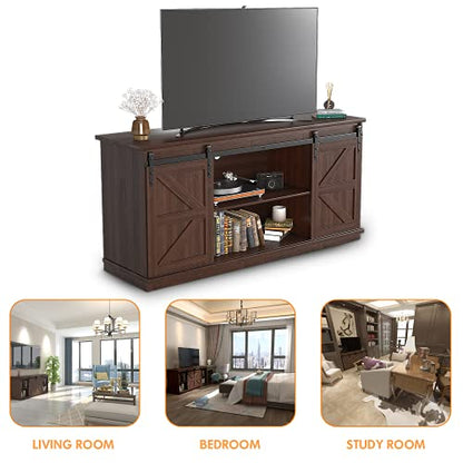 TV Stand for 65 Inch TV, Entertainment Center with Storage Cabinets and Sliding Barn Doors, Mid Century Modern Media TV Console Table for Living Room Bedroom (Brown)
