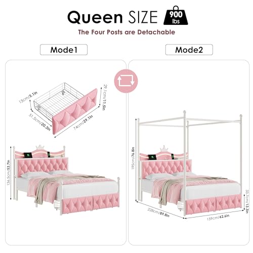 Queen Size Upholstered LED Canopy Bed Frame with Charging Station and Drawer, view 3
