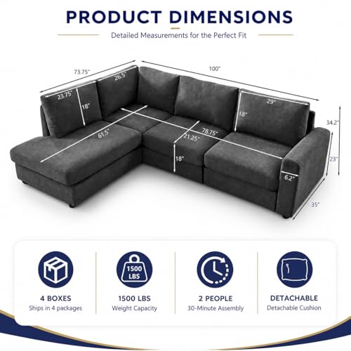 100" L-Shaped Sectional Couch with Reversible Deep Chaise, Grey | Comfy Chenille Modular Sectional Sofa, 4-Seater Corner Couch for Living Room, Apartment, Home Theater, Removable Covers