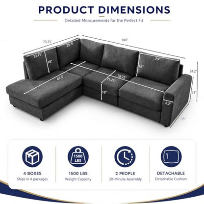 100" L-Shaped Sectional Couch with Reversible Deep Chaise, Grey | Comfy Chenille Modular Sectional Sofa, 4-Seater Corner Couch for Living Room, Apartment, Home Theater, Removable Covers