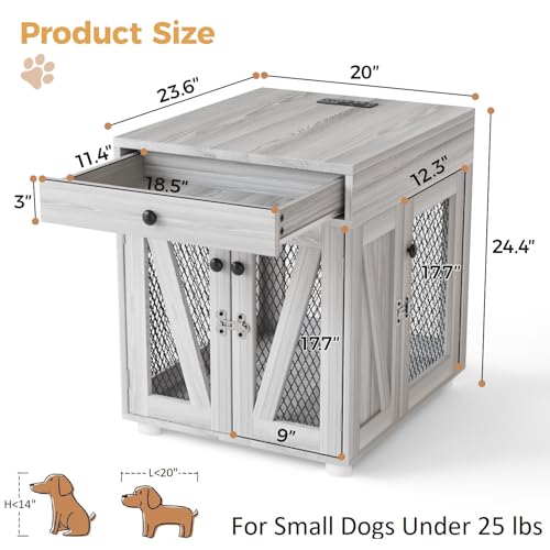 Wooden Dog Crate End Table with USB Charging Station, Gray, view 3