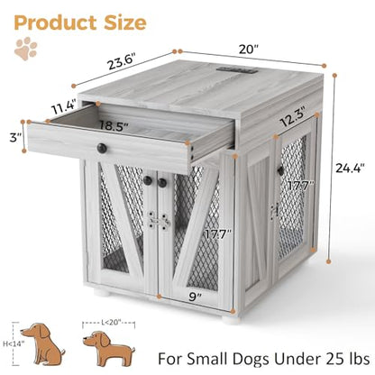 Wooden Dog Crate End Table with USB Charging Station, Gray, view 3