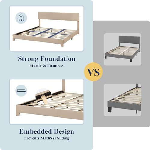 King Size Upholstered Bed Frame Adjustable Headboard, Beige, view 7