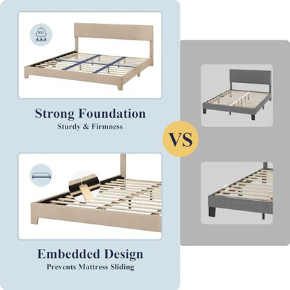 King Size Upholstered Bed Frame Adjustable Headboard, Beige, view 7
