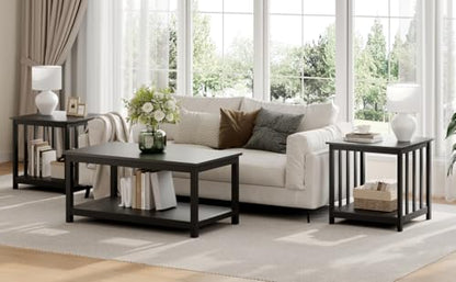 End Tables Living Room Set of 2, 24 Inch Square Side Table with 2-Tier Storage Shelf, Modern Nightstand for Living Room, Bedroom, Office, Black