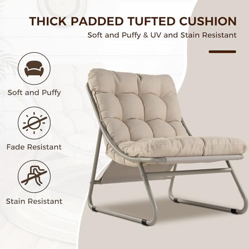 Outdoor Lounge Chair with Foot Stool, Comfy Sling Recliner Chair with Puffy Cushion and Foot Rest, Modern Patio Furniture Set for Porch Deck Garden, Champagne Gray