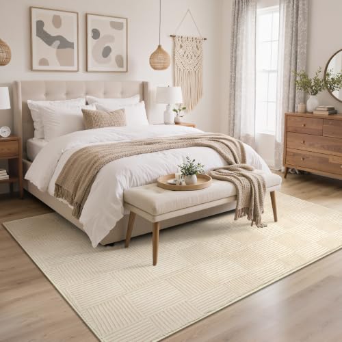 Soft Washable Area Rugs 5x7, 3D Modern Grid Design Rugs for Living Room, High-Low Pile Textured Non Slip Fuzzy Shag Carpet, Non-Shedding Stain Resistant Beige Carpet for Bedroom, Dining Room