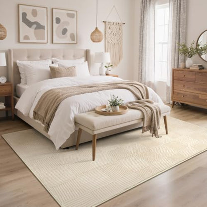 Soft Washable Area Rugs 5x7, 3D Modern Grid Design Rugs for Living Room, High-Low Pile Textured Non Slip Fuzzy Shag Carpet, Non-Shedding Stain Resistant Beige Carpet for Bedroom, Dining Room