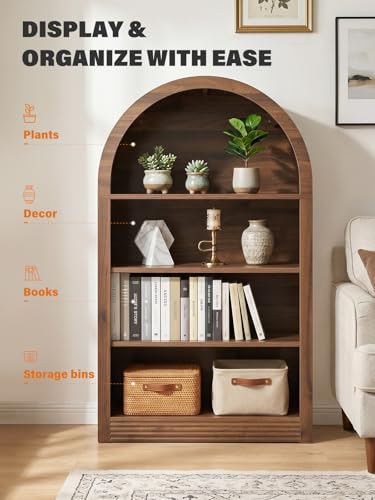 Arched Bookshelf, 47.6 inch Wood Open Bookcase, Brown, view 4