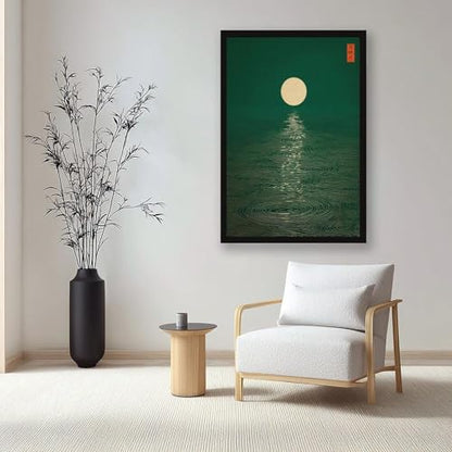 Green Zen Moon Wall Art Emerald Forest Landscape Print Mid Century Modern Minimalist Ripples Poster Oriental Calm Nature Picture for Living Room Bedroom Decor
