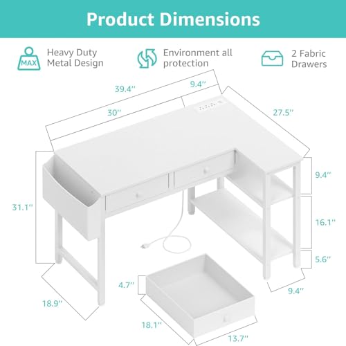 DLisiting Small White L Shaped Desk with Drawers & Storage Shelves, 40 Inch Corner Desk with Power Outlet for Small Space Home Office, Study Work PC Desks for Bedroom