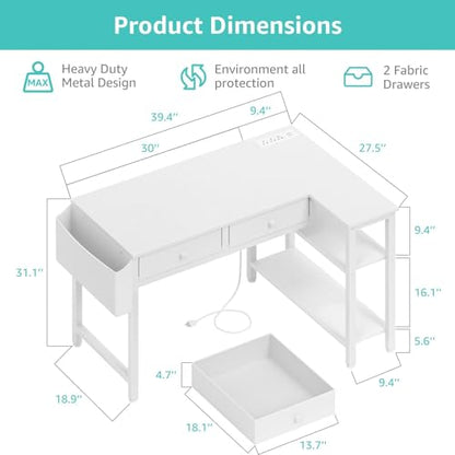 DLisiting Small White L Shaped Desk with Drawers & Storage Shelves, 40 Inch Corner Desk with Power Outlet for Small Space Home Office, Study Work PC Desks for Bedroom