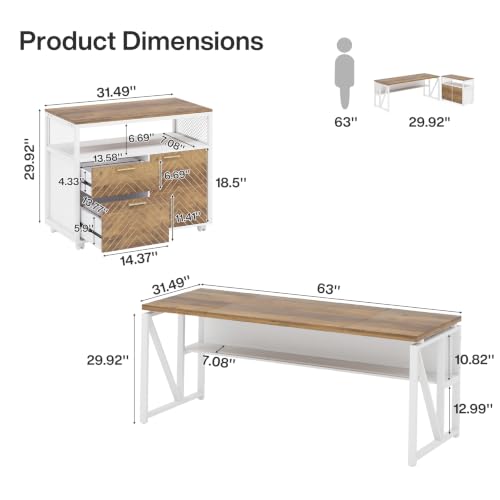 63" Executive Desk with Drawer Cabinet, L-Shaped Desk, Walnut, view 3