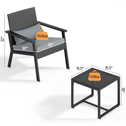 3-Piece Wicker Small Outdoor Patio Furniture Set with Glass Table for Balcony, Porch, and Garden (Gray)
