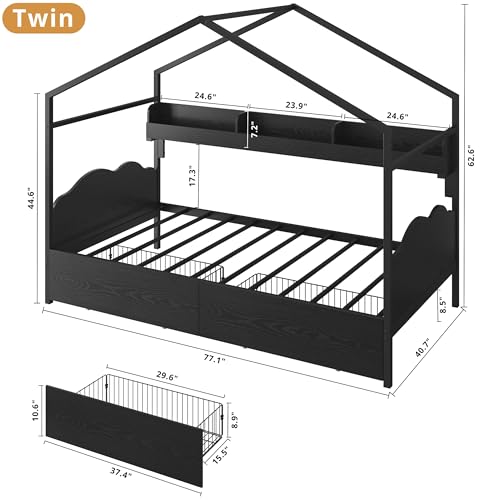 Twin House Bed Frame with 2 Drawers & Curved Headboard, Black, view 3