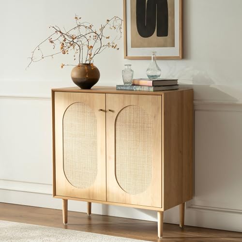 Rattan Storage Cabinets with Shelves, Narrow Cabinet with Storage, Sideboard Cabinet with Doors, Rattan Cabinets for Kitchen Dining Room Living Room, Natural Oak