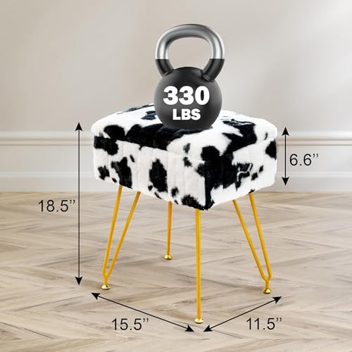 Multifunctional Vanity Stool Chair for Vanity, Padded Seat, Storage Ottoman in Rectangle Fuzzy Fluffy Design, Footrest and 4 Gold Legs for Makeup Room, Bedroom, Living Room, Cow