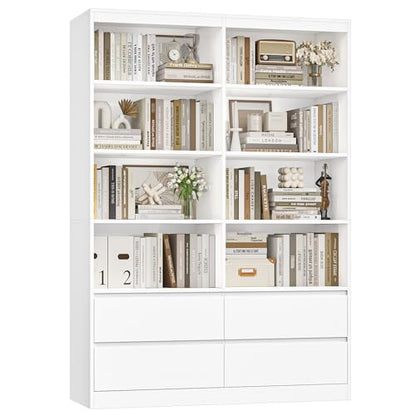 71" White Bookshelf with Drawers, 6-Tier Double Wide Bookshelves and Bookcases with Storage, Tall Bookshelf Large Open Book Shelf Standing Book Case for Home Office, White
