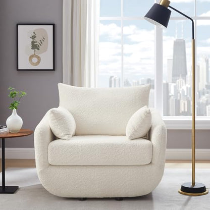 360° Swivel Accent Armchair, 39.3" Oversized, Sherpa Boucle Fabric Sofa Chair with Removable Back & Arm Pillows, Swivel Chair with Cozy Soft Padded (1, Cream White)