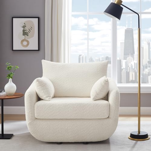 360° Swivel Accent Armchair, 39.3" Oversized, Sherpa Boucle Fabric Sofa Chair with Removable Back & Arm Pillows, Swivel Chair with Cozy Soft Padded (1, Cream White)