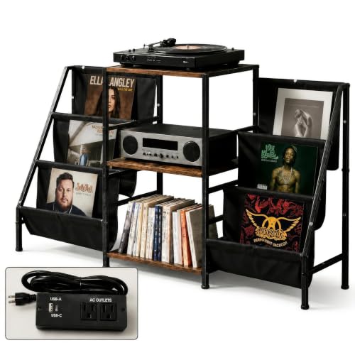Record Player Stand with Storage, Vinyl Record Holder with Power Outlet, view 2