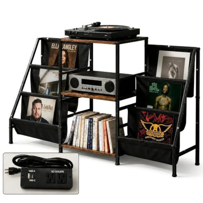 Record Player Stand with Storage, Vinyl Record Holder with Power Outlet, view 2