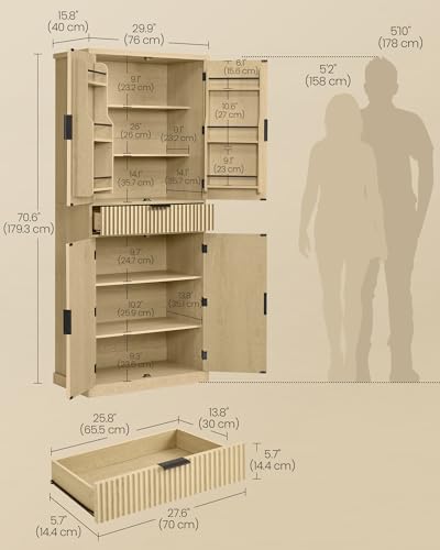 VASAGLE MAXE Collection - Pantry Cabinet, 70.6-Inch Tall Storage Cabinet with Drawer, 6 Adjustable Shelves, 2 Cabinets, Fluted Doors, Mid Century Modern, for Kitchen Living Room, Oak Beige UBBK365Y01