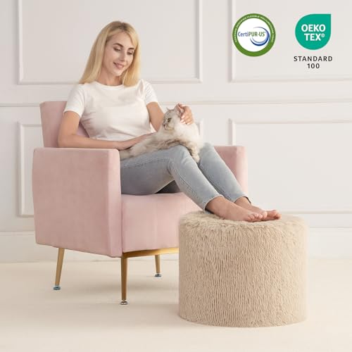 Round Pouf Ottoman Foot Rest, Footstool, Brown | High-Density One-Piece Foam, 17 x 14 Inch, Firm & Stable, for Couch, Bedroom, Living Room, Machine Washable Cover