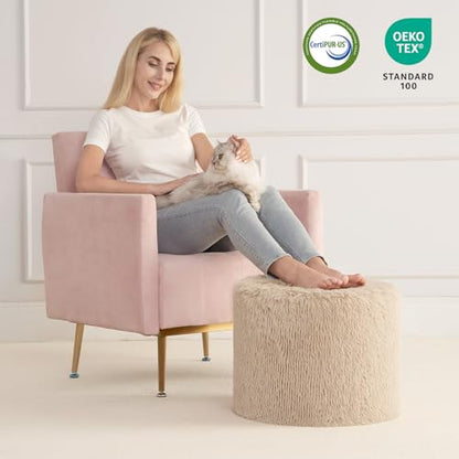 Round Pouf Ottoman Foot Rest, Footstool, Brown | High-Density One-Piece Foam, 17 x 14 Inch, Firm & Stable, for Couch, Bedroom, Living Room, Machine Washable Cover