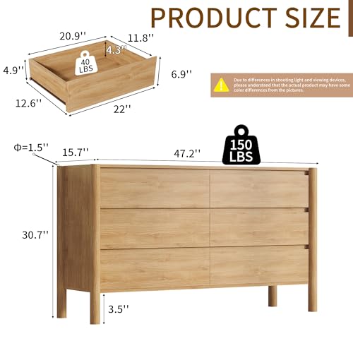 47.2" Wide Oak 6 Drawer Dresser for Bedroom with Solid Wood Legs, view 3