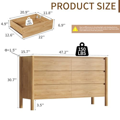 47.2" Wide Oak 6 Drawer Dresser for Bedroom with Solid Wood Legs, view 3