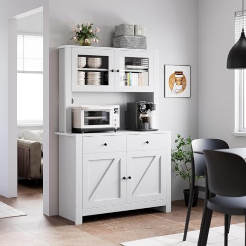 Kitchen Pantry Cabinet with Microwave Stand, Freestanding Hutch Cabinet with Buffet Cupboard, Tall Kitchen Cabinets with Adjustable Shelves for Dining Room, White