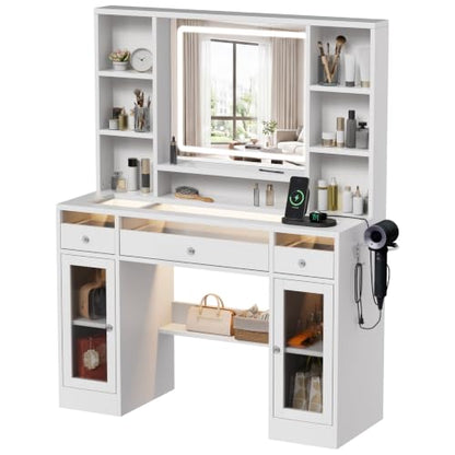 43.3" White Large Makeup Vanity Desk with Glass Top & RGB Lights, view 4